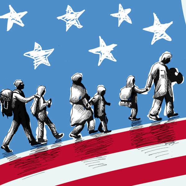 An artistic illustration of a family of migrants, walking across the U.S. flag.